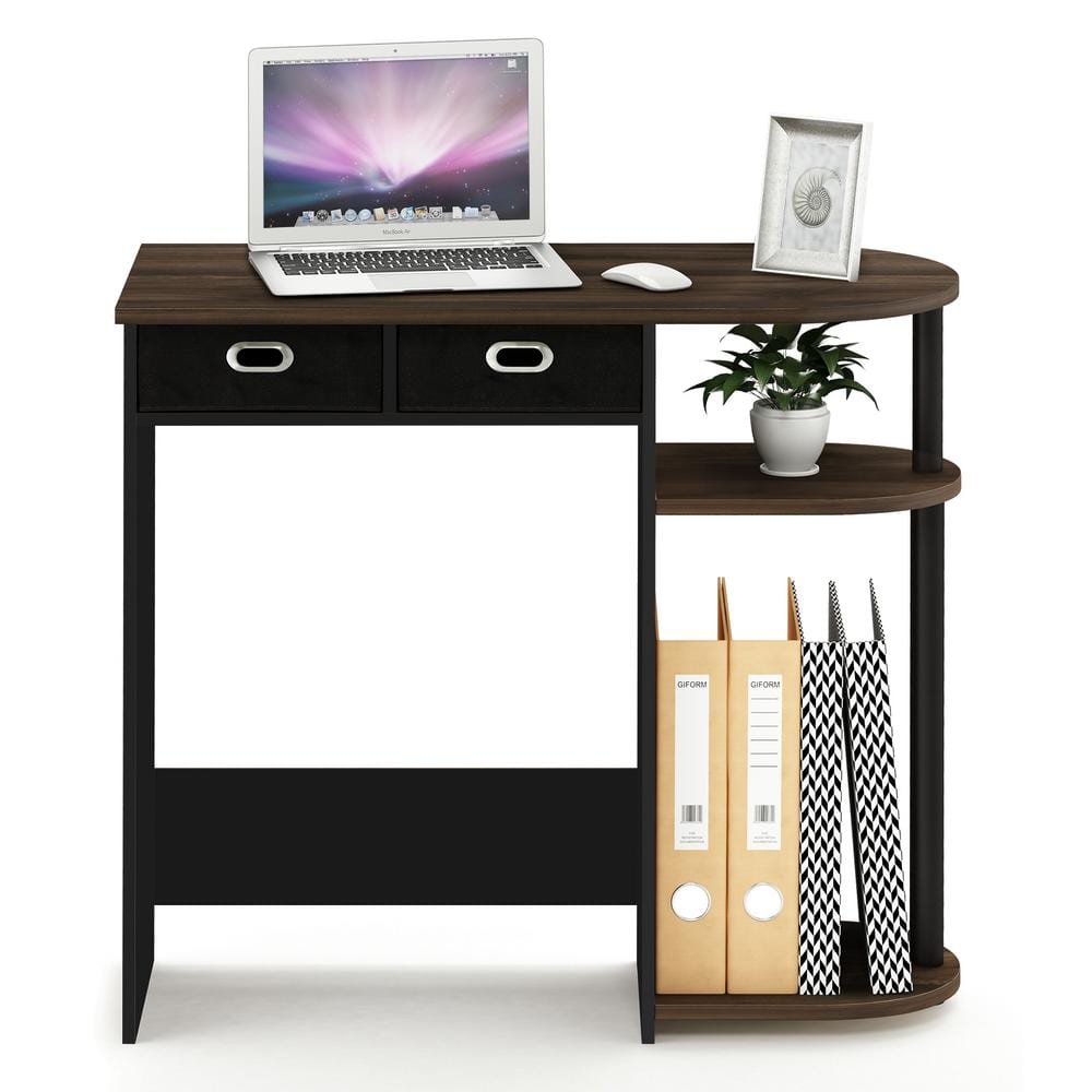 Compact Columbia Walnut and Black Wood Computer Desk with Dual Drawers