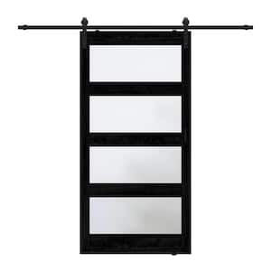 42 in. x 84 in. 4-Lite Tempered Frosted Glass Black Prefinished MDF Sliding Barn Door with Hardware Kit