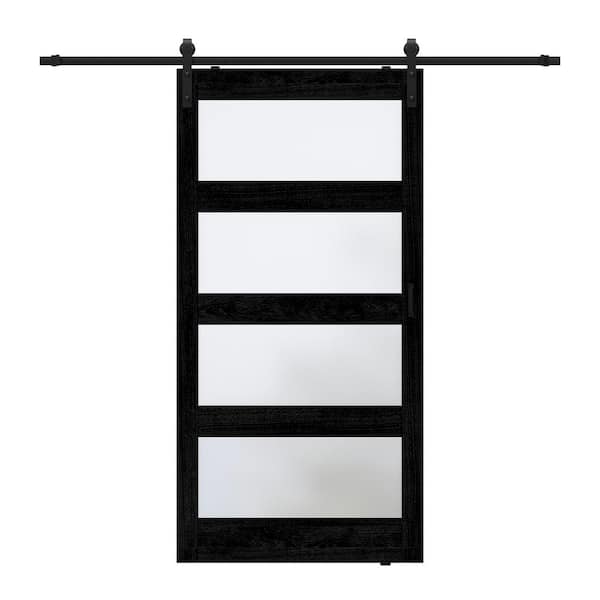 ARK DESIGN 42 in. x 84 in. 4-Lite Tempered Frosted Glass Black Prefinished MDF Sliding Barn Door with Hardware Kit