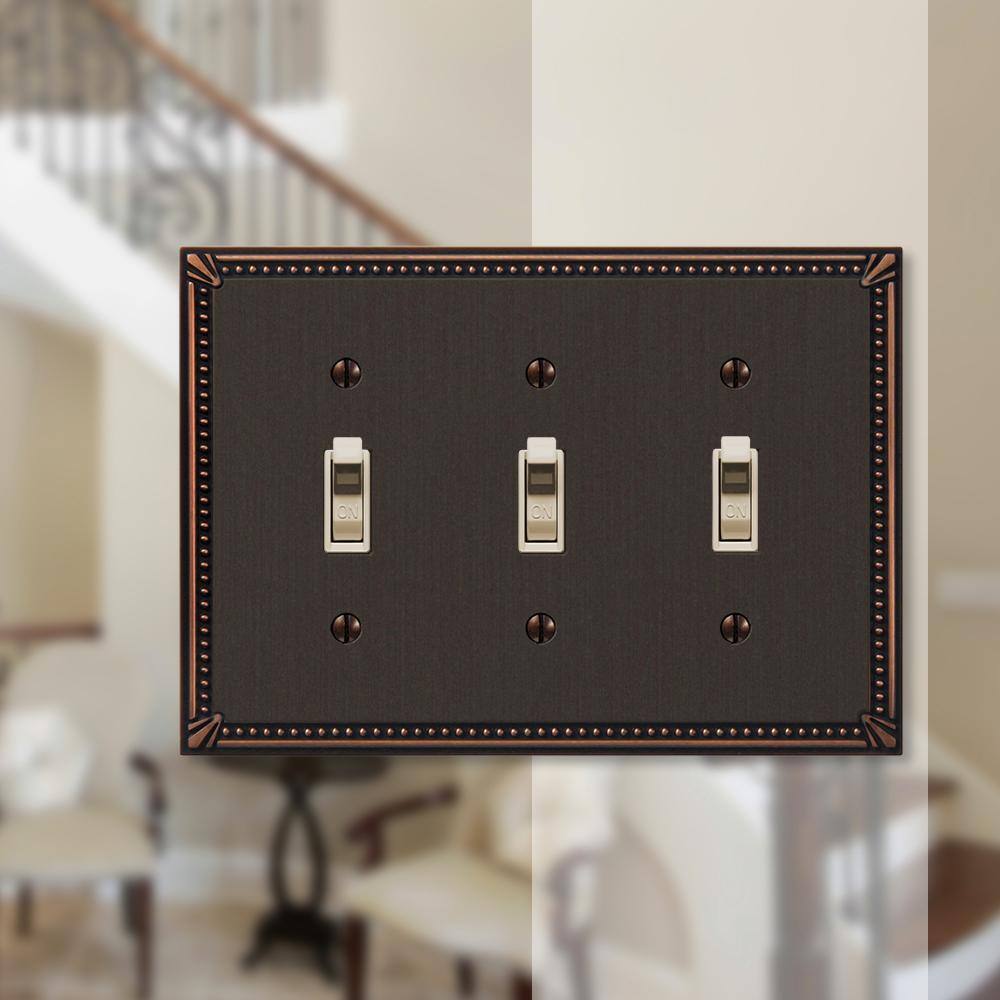 Aged Bronze 3-Gang Beaded Toggle Wall Plate
