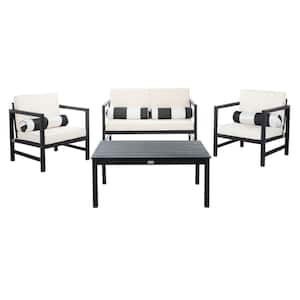 Montez Black 4-Piece Wood Patio Conversation Set with Beige Cushions