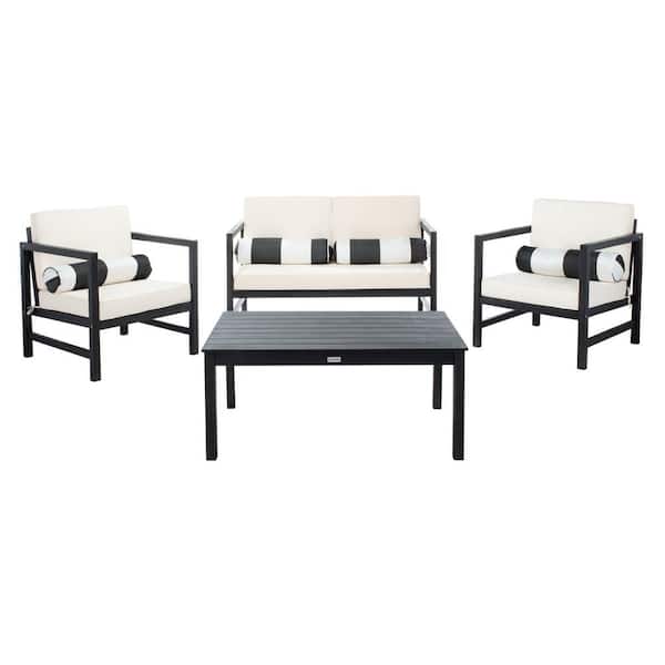 SAFAVIEH Montez Black 4-Piece Wood Patio Conversation Set with Beige Cushions
