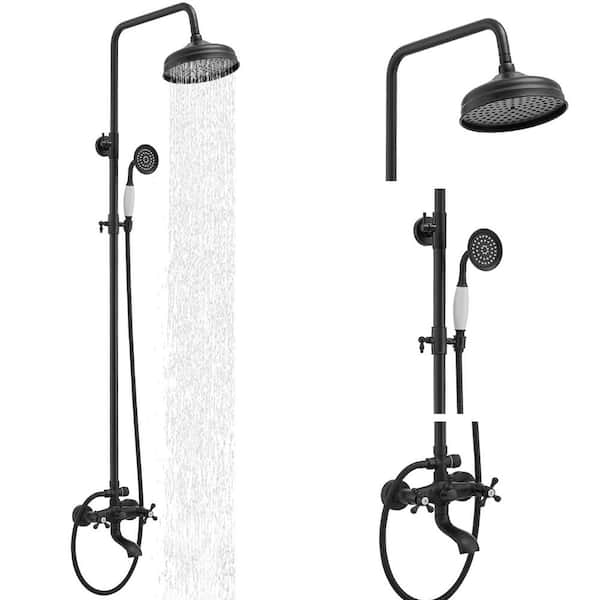 HOMEMYSTIQUE 3-Spray Wall Slid Bar Round Rain Shower Faucet with Hand Shower 2 Cross Handles in Matte Black (Valve Included)