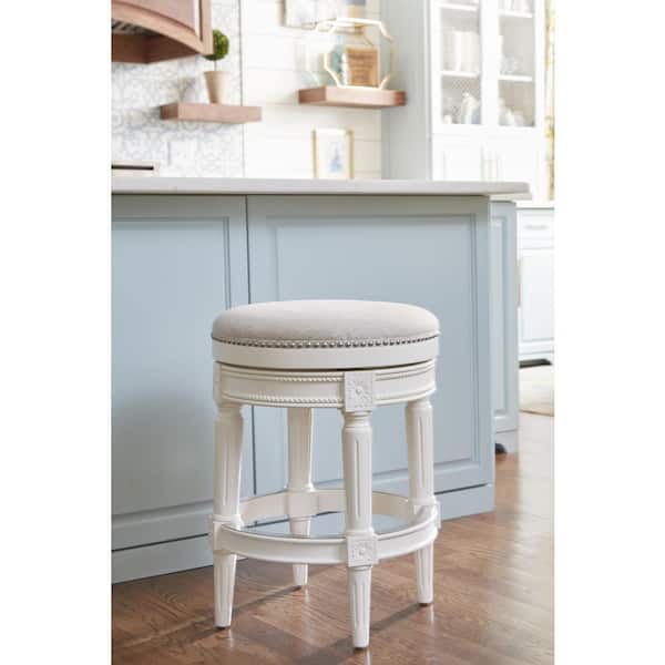 Chapman 26 in. Farmhouse White Backless Wood Swivel Counter Stool with Upholstered Gray Seat, 1-Stool