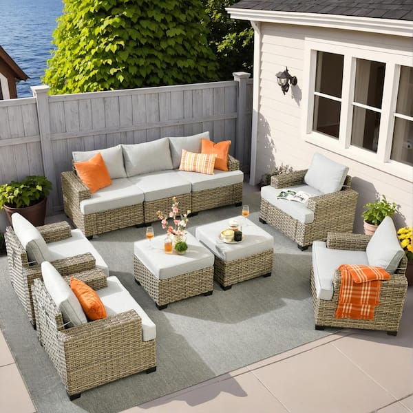 XIZZI Taylor 9-Piece Wicker Outdoor Patio Conversation Seating Set with Light Gray Cushions