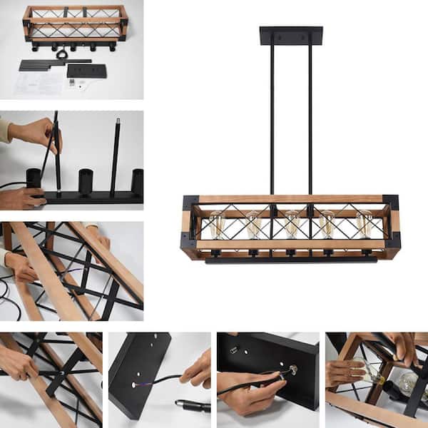 Thorne 5-Light Modern Farmhouse Black and Walnut Finish Linear Rectangular Chandelier Island Kitchen Dining Room