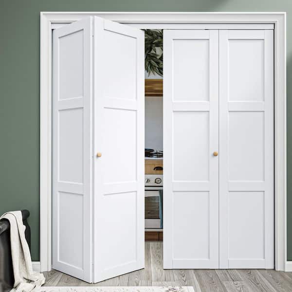 72 in. x 80 in. 3-Lite Solid Core Panel White Primed Composite MDF Interior Closet Bi-fold Door with Hardware Kit