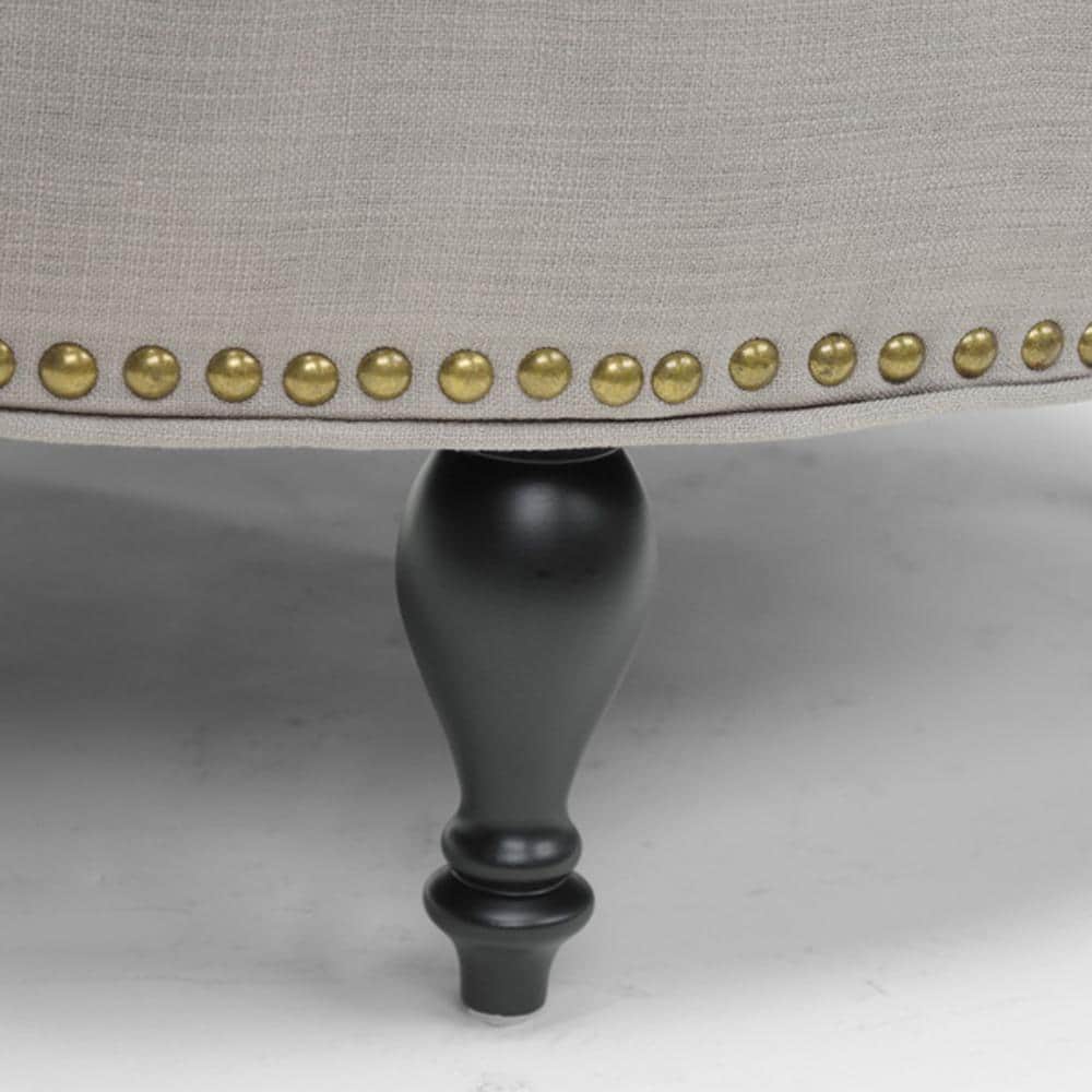 Gray Linen Tufted Round Ottoman with Brass Nailhead Trim
