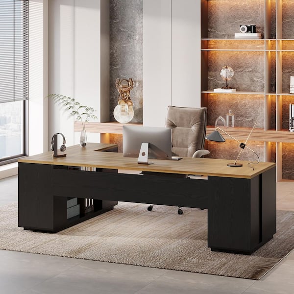 Capen 86 in. Black and Walnut Super Spacious L-Shaped Executive Desk, Business Professional Desk w/ Drawers and Cabinet