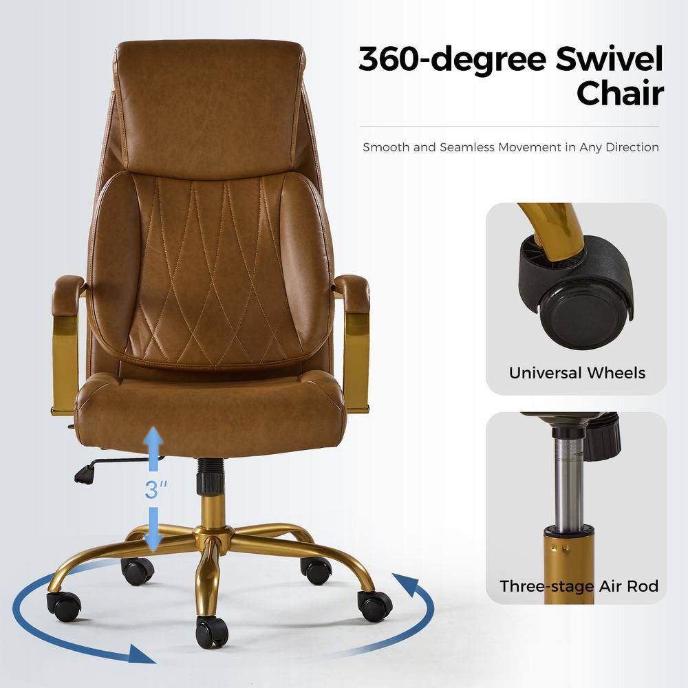 Jill Mid-Century Modern Camel Vegan Leather Ergonomic Office Chair with Lumbar Support - Thumbnail 5