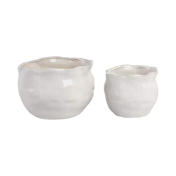 9 in. and 12 in. White Ceramic Round Wavy Edge Decorative Pots (Set of 2)