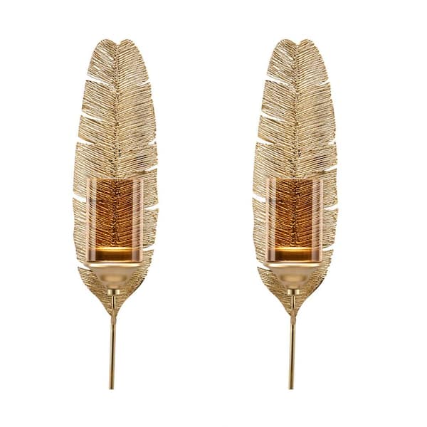 DANYA B Ava 17 in. Gold Feather Wall Candle Sconces (Set of 2)