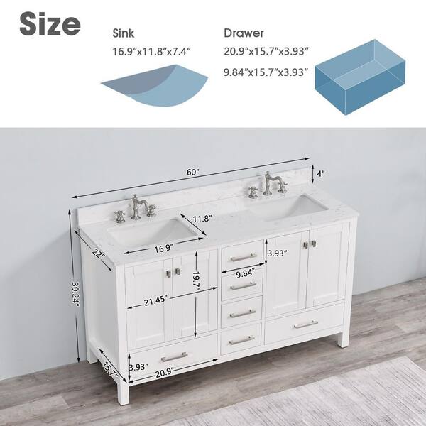 YASINU Bath Mist 60 in. W Double Sink Freestanding Bath Vanity in