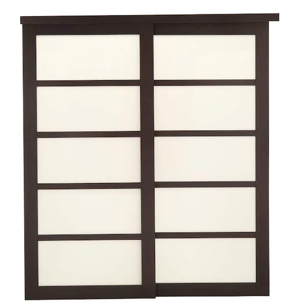 TRUporte 72 in. x 80 in. 2240 Series Espresso 5-Lite Tempered Frosted Glass Composite Sliding Door