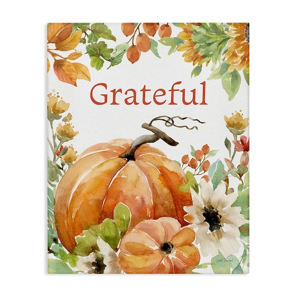 Stupell Industries Grateful Pumpkins & Flowers byLeslie Trimbach 1 Piece Unframed Graphic Print Typography Poster Art Print 30 in. x 24 in.