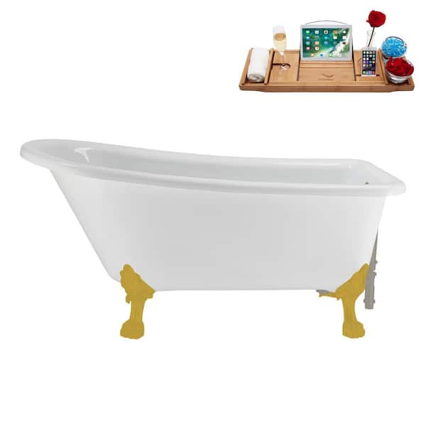 Streamline 58 in. x 28 in. Acrylic Clawfoot Soaking Bathtub in Glossy White with Brushed GunMetal Drain, Brushed Gold Clawfeet