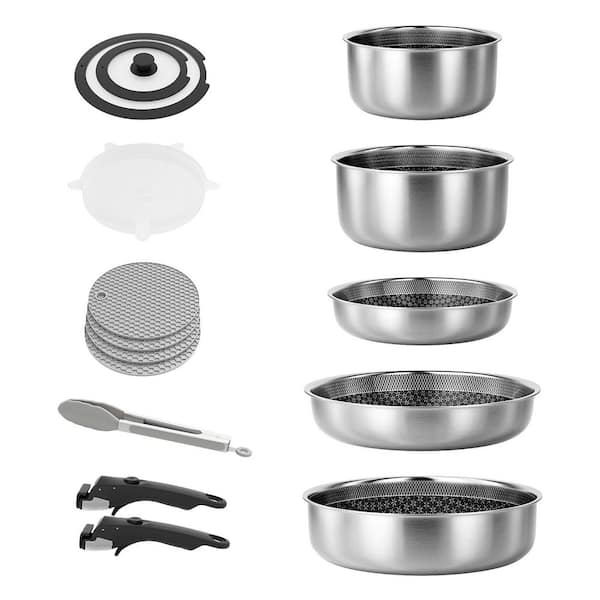 5-Piece Stackable Nonstick Stainless Steel Cookware Set with Removable Handles Induction and Dishwasher Safe