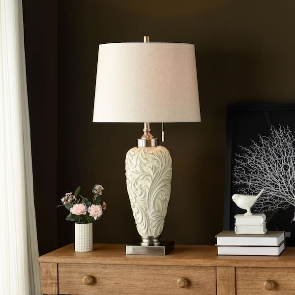 34 in. Silver Contemporary Bedside Table Lamp for Living Room with Beige Linen Shade