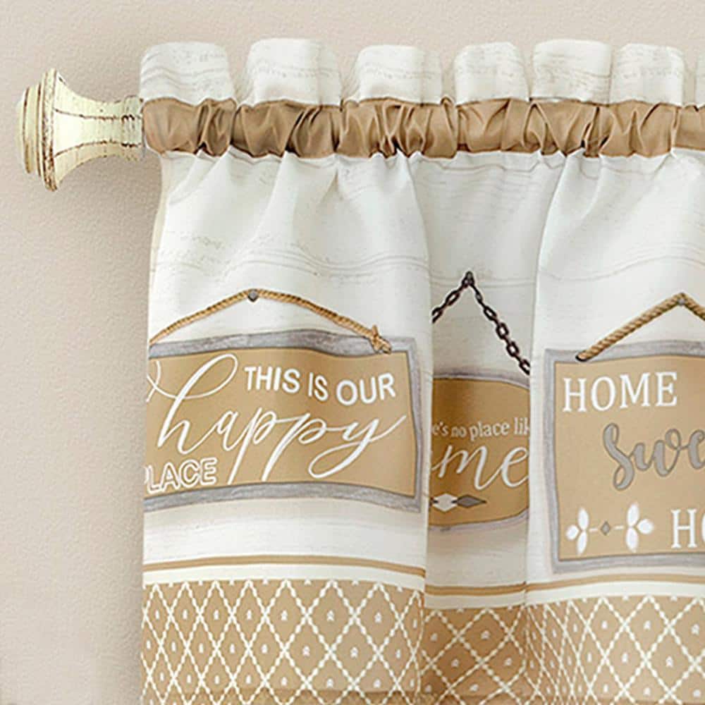Tan Polyester Light Filtering Cafe Curtains with Typography