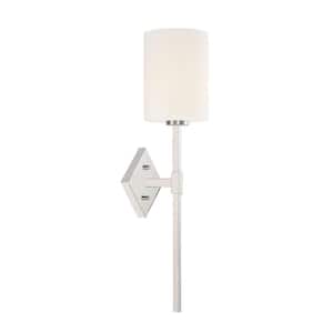Destin 6 in. W x 22 in. H 1-Light Polished Nickel Wall Sconce with White Opal Glass Cylindrical Shade