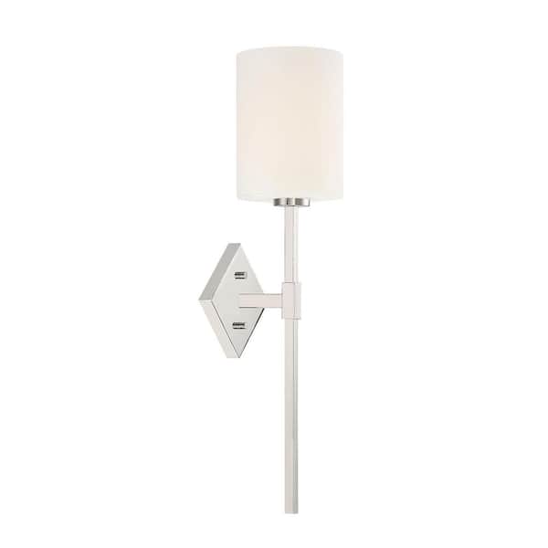 Savoy House Destin 6 in. W x 22 in. H 1-Light Polished Nickel Wall Sconce with White Opal Glass Cylindrical Shade