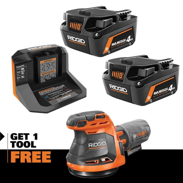 RIDGID 18V Max Output (2) 4.0Ah Battery and Charger with FREE 5 in. Random Orbit Sander