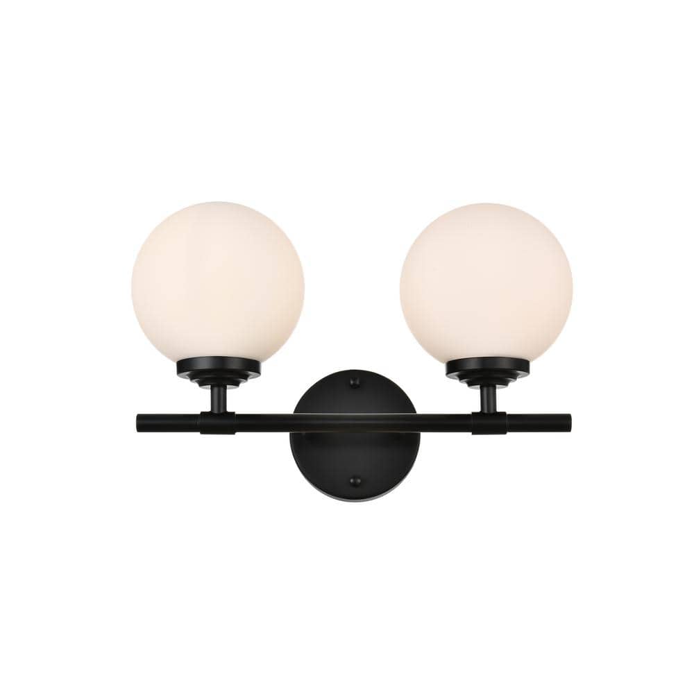 Simply Living 15 in. 2-Light Modern Black Vanity Light with Frosted White Round Shade