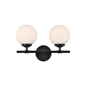 Simply Living 15 in. 2-Light Modern Black Vanity Light with Frosted White Round Shade
