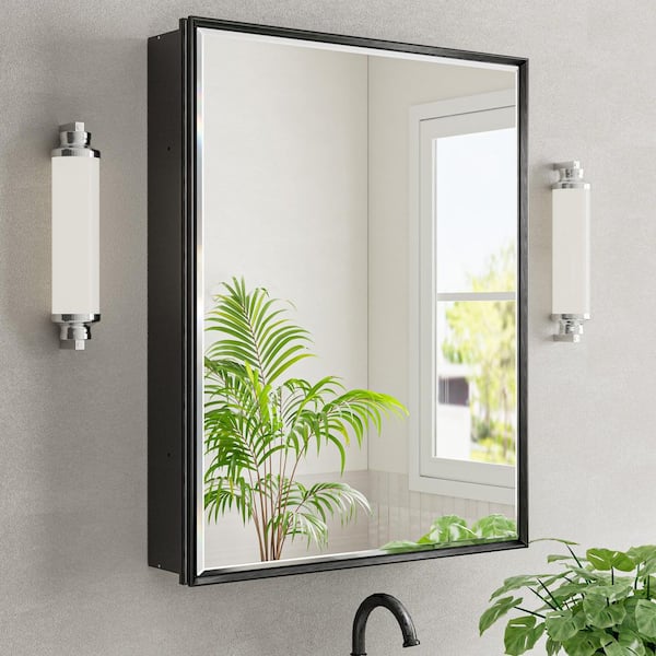 QueenFun Musey 24 in W x 30 in H Black Rectangular Aluminum Medicine Cabinet with Beveled Mirror and Shelves, Recessed or Surface