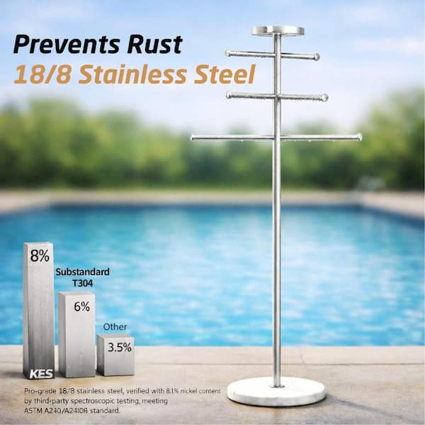 Natural Marble Outdoor Pool Towel Rack Towel Stand with Weighted Base 5-feet Adjustable 3 Arms in Brushed Finish