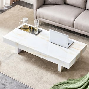 47 in. White Rectangle MDF Marble Top Coffee Table with Metal Storage Organizer