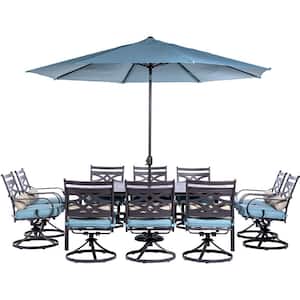 Montclair 11-Piece Steel Outdoor Dining Set with Ocean Blue Cushions, 10 Swivel Rockers, 60x84 in. Table and Umbrella