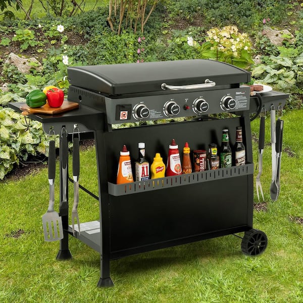 30-Inch 4-Burner Propane Gas Griddle with Hood, Free-Standing Cart with Side Shelves and Hooks, Black