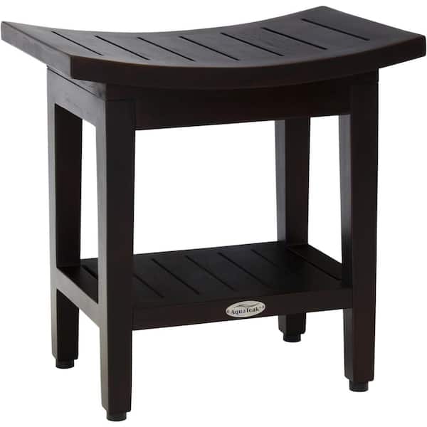 Patented 18 in. x 12 in. Maluku Mocha-Shield Freestanding Teak Shower Bench with Shelf Walk in Shower Seat