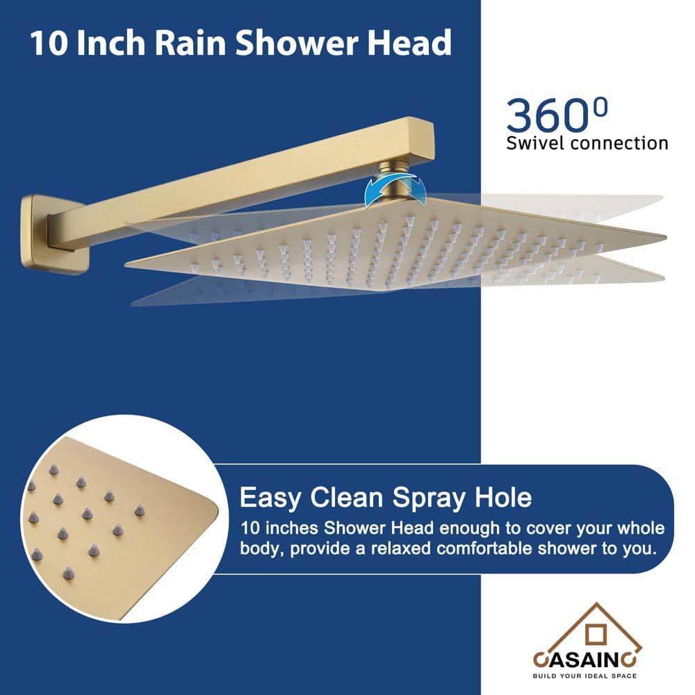 Brushed Gold 10" Square Rainfall Shower System with Handheld