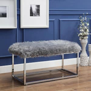 Verity Grey/Chrome Faux Fur Ottoman Bench with Metal Frame