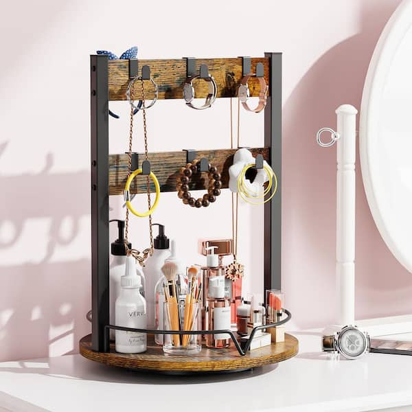 12-Hook Natural Wood Brown Mug Tree with 360° Rotation and Storage Base for Home Kitchen Mug Organizer