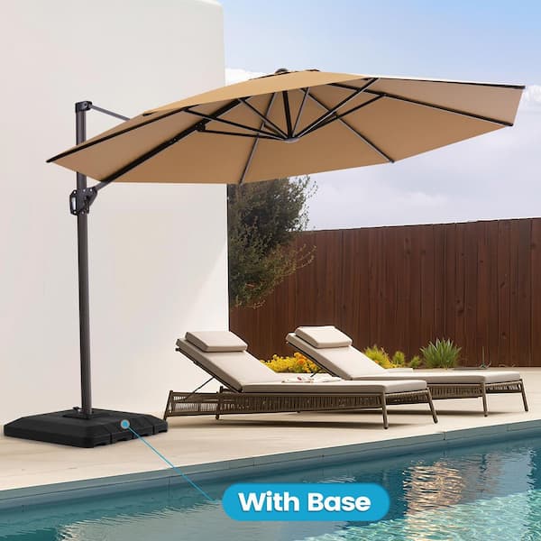 Crestlive Products 11 ft. Octagon Round 360° Rotation Cantilever Tilt Patio Umbrella in Tan with 220 lbs. HDPE Base