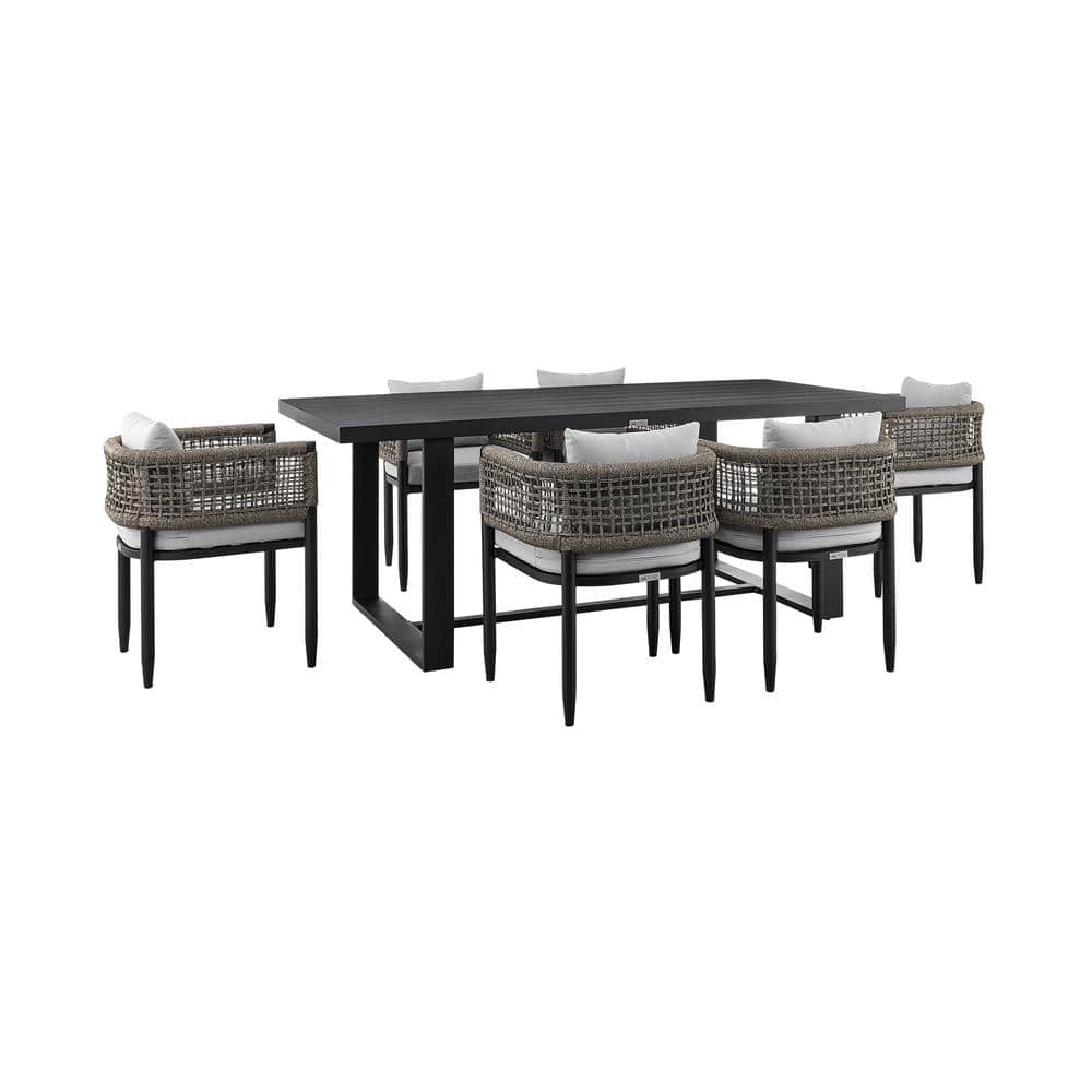 Felicia 7-Piece Black Aluminum Outdoor Dining Set with Grey Rope and Cushions