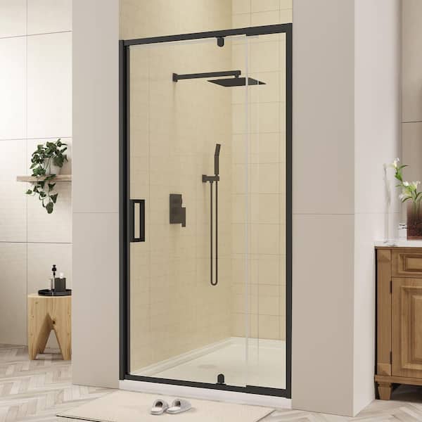 38 to 42 in. W x 72 in. H Framed Pivot Swing Shower Door in Black with Clear Tempered Glass
