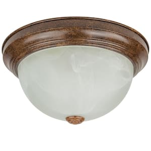 13 in. 2-Light Distressed Brown UL Listed Dome Shape Ceiling Flush Mount with Alabaster Glass