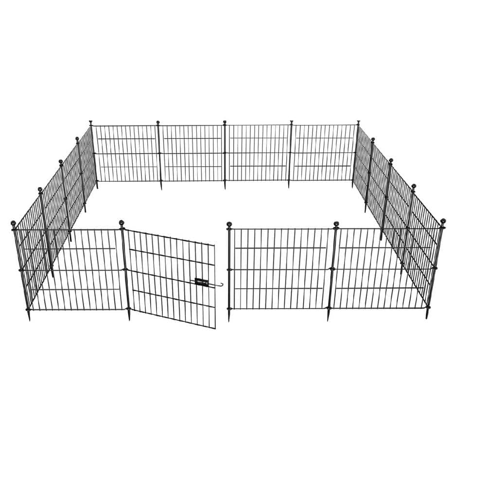 24 in x 10 ft Black Metal Outdoor Garden Fence with Gate
