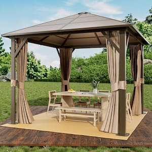 10 ft. x 10 ft. Outdoor Polycarbonate Roof Gazebo, Aluminum Frame Pergolas with Ceiling Hook, Curtains and Netting