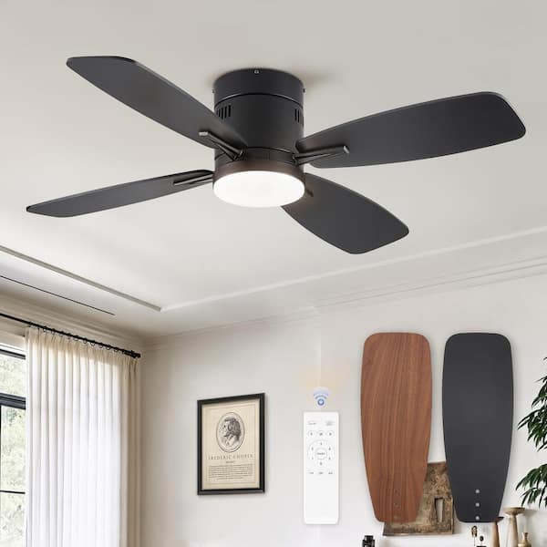 42 in. indoor Flush Mount Low Profile Matte Black Color Changing LED Ceiling Fan with Light Kit and Remote Control