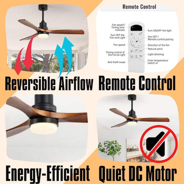 52 in. Brown Ceiling Fan Light With 6 Speed Downrod Mount Remote Reversible Energy-saving DC Motor