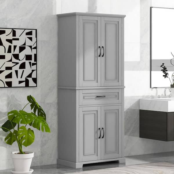 Polibi 29.90 in. W x 15.70 in. D x 72.20 in. H in Gray Bathroom Storage Linen Cabinet with Doors, Drawer and Adjustable Shelf