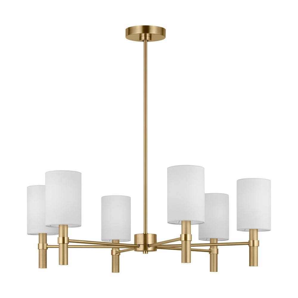 Satin Brass 6-Light Chandelier with White Linen Shades