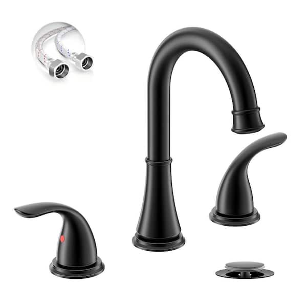 8 in. Bathroom Faucets, 2 Handle 3 Hole Matte Black Bathroom Sink Faucet with Pop-Up Drain and Water Supply Lines