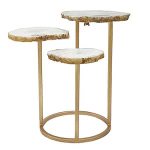 11.8 in. White and Gold Round Stone End/Side Table with Iron Frame
