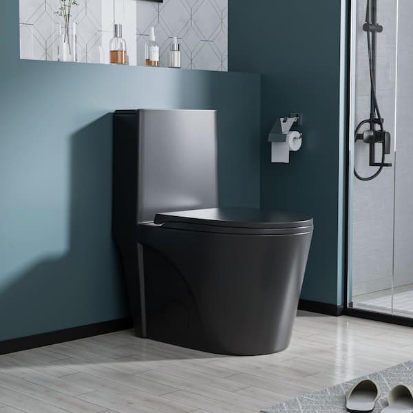 1-Piece 1.1/1.6 GPF Dual Flush Elongated Shape Ceramic Toilet in Black